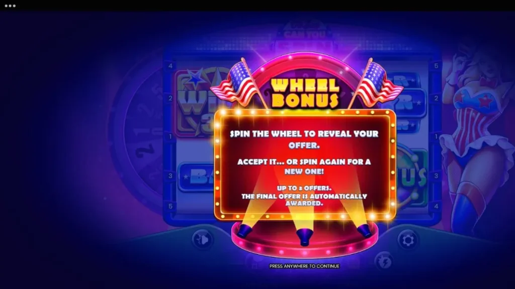 Tampilan visual slot Oh Say Can You Spin dengan tema patriotik dan panggung cabaret.
