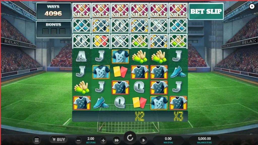 Tampilan layar permainan slot World Class Kick Off Dream Drop dengan elemen retro sepak bola