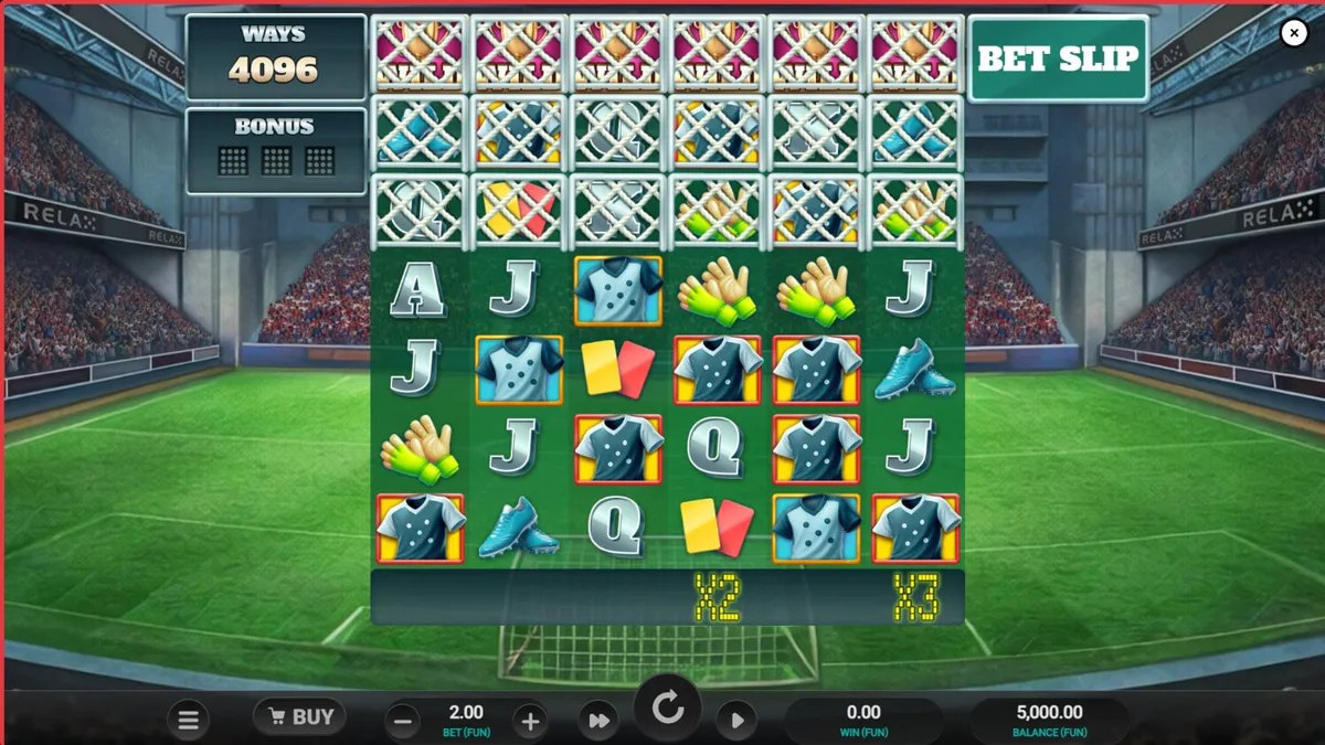 Tampilan layar permainan slot World Class Kick Off Dream Drop dengan elemen retro sepak bola